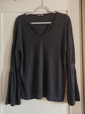 Hummingbird Blue-gray Textured V-Neck Bell-Sleeve Long Sleeve Top